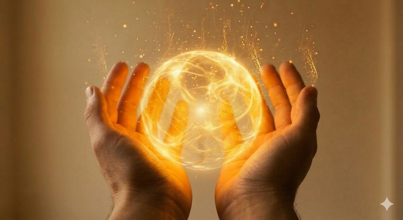 Hands holding golden energy ball